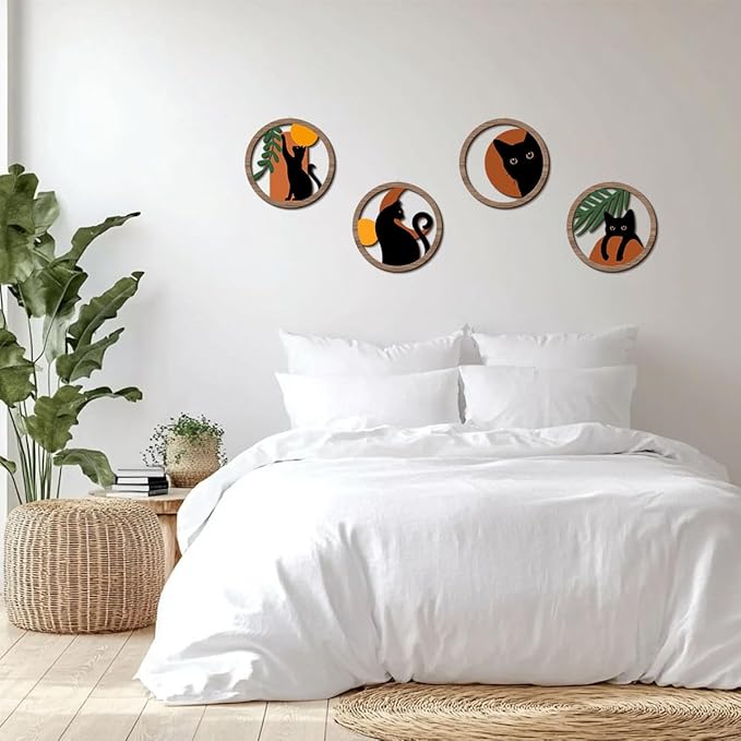 XFN 4PCs 3D Boho Cat Hanging Wooden Wall Art Wall Decor, Botanical Wall Decor Bohemian Decor, Cat Lover Gifts, Wooden Sign Wood Art Wood Plaque Home Decor for Living Room Bedroom Farmhouse Bathroom