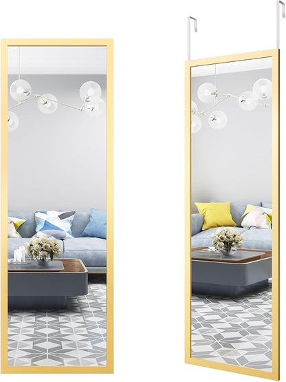 whitebeach Hanging Door Mirror,Full Body Mirror Wall Full Length 44”x16” Gold Wall Mounted Over The Door Bedroom