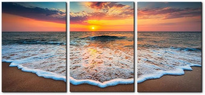 Pacimo 3 Pieces Wall Art Decor Beach Canvas Print Picture Sunrise Ocean Waves Scenery Painting Artwork for Office Wall Decor Home Decoration Stretched and Framed Ready to Hang - 20"x28"x3 Panels