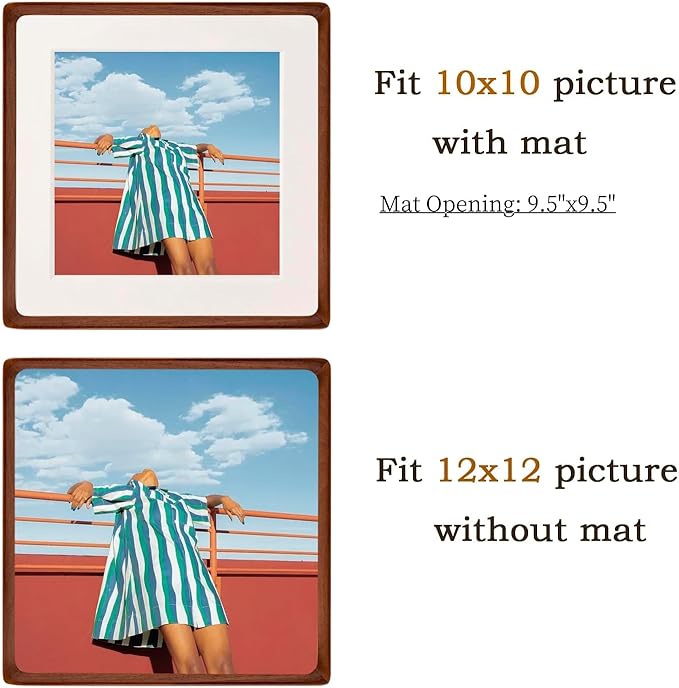 FLECHAZO 12x12 Frame, Natural Solid Walnut Wood 12x12 Picture Frame with Mat for 10x10 Photos, Square Wall Gallery Photo Frame for Wall Mounting and Tabletop Display