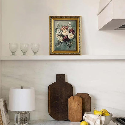 YD&YZY Gold Framed Vintage Wall Art Canvas Still Life Sage Green Flower Farmhouse Print Moody Floral Wall Decor Rustic Cottagecor Painting Picture Print for Dining Room Bedroom 8x10 inch Small Framed
