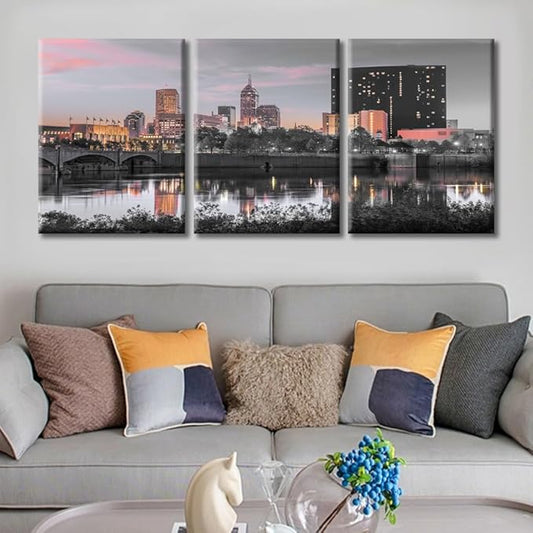 TUMOVO Wall Decor Indianapolis Indiana Skyline Wall Art White River at Dusk City Skyline Wall Decor for Living Room 3 Piece Contemporary Home Decor Framed Ready to Hang (36" Wx16 H)