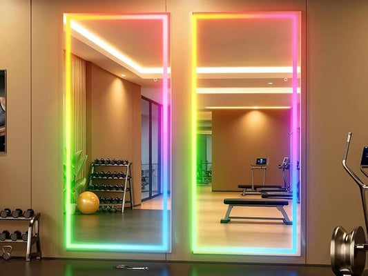 Hasipu 83"x35" LED RGB Bluetooth Home Gym Mirror Full Length with Lights, Wall Mount & Free Standing Full Body Mirror for Bedroom Workout Yoga, Detachable Stand, 7 Color & Brightness Adjustable
