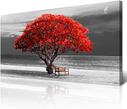 WapluamWall Decor Living Room Large Size Canvas Wall Art For Office Black White With Landscape Moon Wall Painting Red Trees Canvas Pictures Framed Artwork Bedroom Decor Home Decorations 30" X 60"