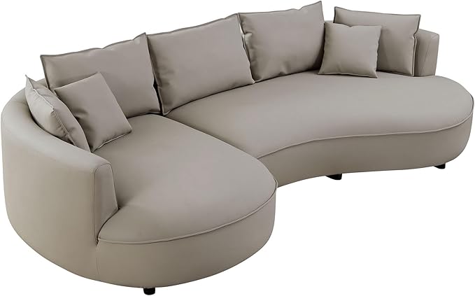 WILLIAMSPACE 124.8" Leather Curved Sofa Couch, Modern Upholstery Luxury Sofa with Pillows, Left Hand Facing Sectional Couch for Living Room (Left-Facing,Light Grey Leather)