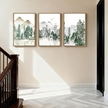 Extra Large Green Forest Mountain Wall Art Watercolor Nature Landscape Framed Wall Decor Boho Pine Tree Painting for Living Room Bedroom Bathroom Office 24x36 Inch Set of 3