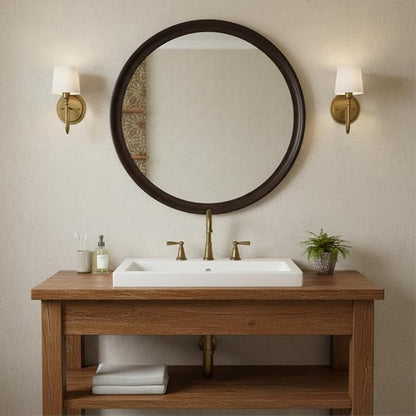 Round Mirrors 24 Inch,Rustic Decorative Transitional Dark Walnut Wall Mirror with Wood Grain for Bathroom,Farmhouse Hanging Vanity Mirror for Entryway Living Room or Bedroom