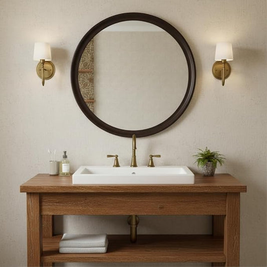 Round Mirrors 24 Inch,Rustic Decorative Transitional Dark Walnut Wall Mirror with Wood Grain for Bathroom,Farmhouse Hanging Vanity Mirror for Entryway Living Room or Bedroom