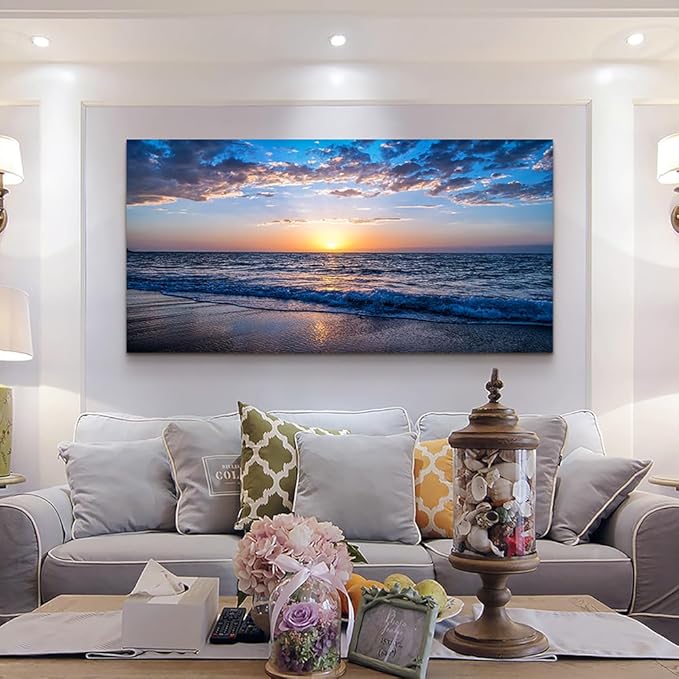 Wapluam Large Canvas Wall Art Sunset Beach Painting Picture Print on Canvas Framed Wall Art for Living Room Wall Decor for Bedroom Modern Coastal Landscape Room Decorations Artwork 60x30 Ready to Hang