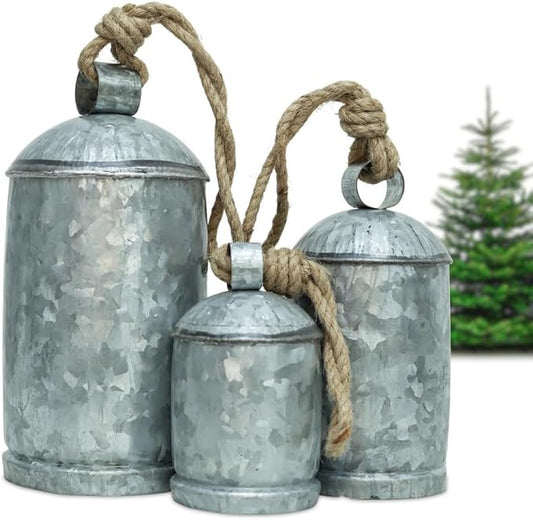Galvanised Decorative Cow Bells Set of 3 Large Harmony Bells - Vintage Giant Christmas Bells, Cowbells with Jute Rope - XL Hanging Lucky Bells for Farmhouse Decor, Holiday, Home (6"-8"-10")