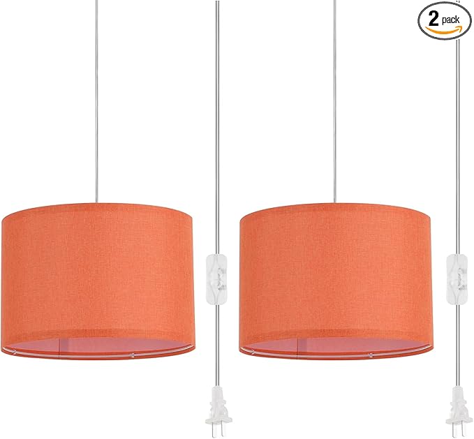 2 Pack Plug in Pendant Light, Hanging Light with 15Ft Clear Cord, On/Off Switch, Dark Orange Fabric Lamp Shade, Hanging Light Fixture for Bedroom, Kitchen