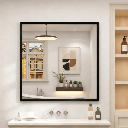 Black Framed Bathroom Mirror for Over Sink 30" x 30", Square Beveled Framed Vanity Mirror with Aluminum Alloy Frame, Right Angle Corner, HD Reflection