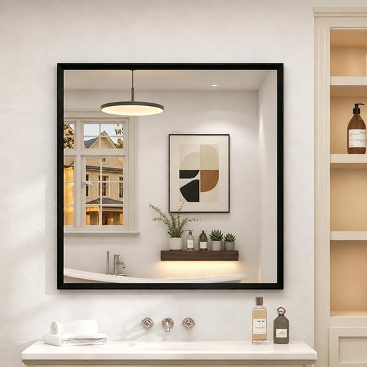 Black Framed Bathroom Mirror for Over Sink 30" x 30", Square Beveled Framed Vanity Mirror with Aluminum Alloy Frame, Right Angle Corner, HD Reflection