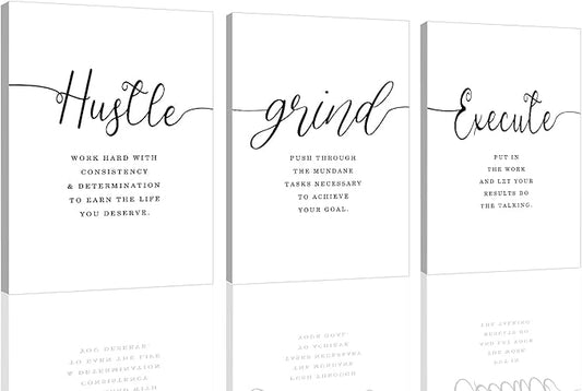 Framed Canvas Wall Art Grind Hustle Quote Poster, Office Wall Art, Positive Motivational Set of 3 Prints, Hustle prints Execute, Inspirational Wall Decor Art (H-3pcs,12x16inchx3pcs)