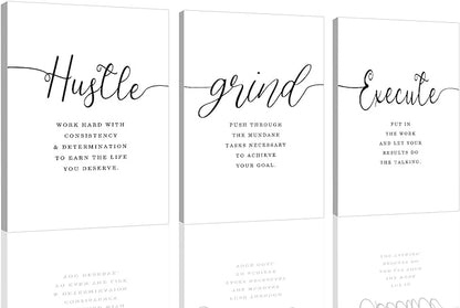 EPHANY Inspirational Wall Art - Large Office Wall Decor Painting, Hustle Grind Execute Quotes, office wall art,working room wall decor, gift for boss (H-3pcs,24x36inchx3pcs)