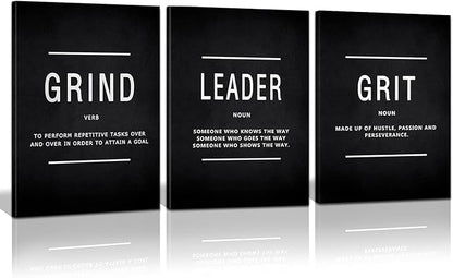 Motivational Grind Grit Leader Wall Art, Canvas Painting Wall Decor Inspirational Posters Prints for Living Room Bedroom, Office Decor, Gallery-Wrapped Canvas Art Set Framed Easy Hang- 12"Wx16"Hx3PCS