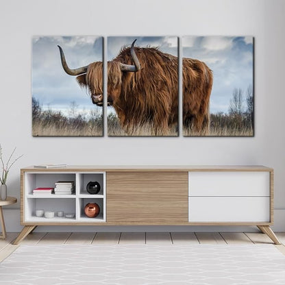 Pacimo 3 Panels Framed Canvas Prints Highland Cattle Wall Art Home Decorations for Living Room Modern Stretched and Framed Animal Pictures Photo Giclee Paintings Ready to Hang - 20"x28"x3 Panels