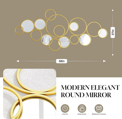 PERHOM Multiple Circles Wall Mirror - 58"x27" Large Gold Modern Decorative Mirror for Home Decor - Thick Metal Framed Split Wall Art Sculptures for Living Room, Entryway, Bedroom, Dinner Room