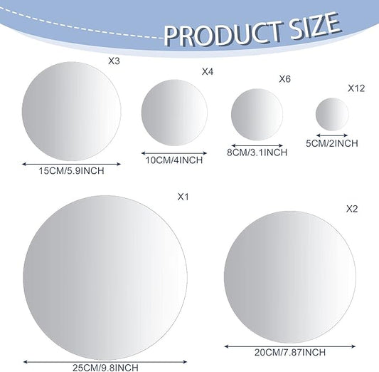 Jetec 28 Pcs Real Glass Round Mirror Tiles Frameless Wall Glass Tiles Round Wall-Mount Mirrors with Acrylic Double Sided Adhesive for Bedroom Bathroom Craft(2/3/4/6/8/10 Inch)