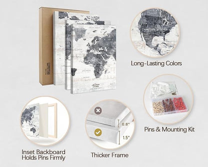 Wall Decor Living Room Office Wall Art Modern Gray Framed Push Pin Travel Map World Motivational Canvas Picture for Bedroom Dining Room Kitchen Wall