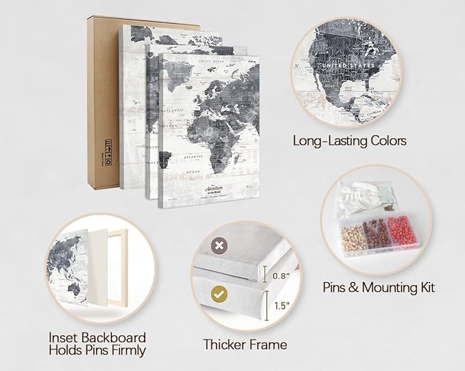 Wall Decor Living Room Office Wall Art Modern Gray Framed World Map Pin Board Travel Maps Inspirational Canvas Artwork for Bedroom Dining Room Kitchen Oversized