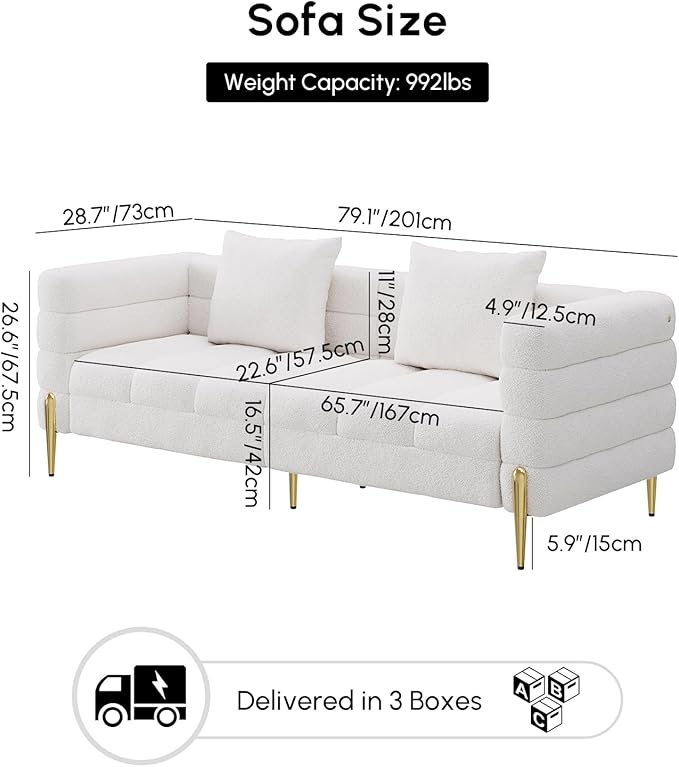 homary 79" Modern Boucle Sofa Couch, White Curved 3 Seater Couch with Deep Seat & Pillows, Upholstered Luxury Sofa for Living Room Apartment
