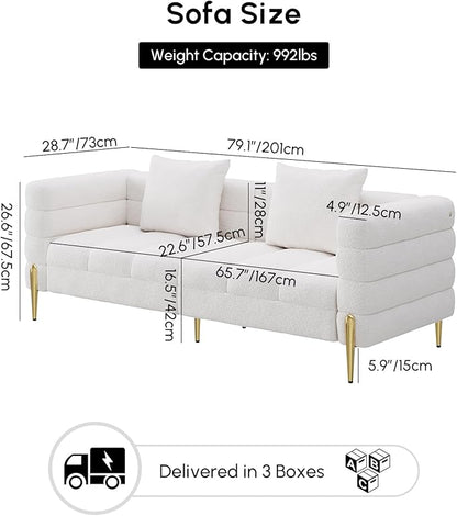 homary 79" Modern Boucle Sofa Couch, White Curved 3 Seater Couch with Deep Seat & Pillows, Upholstered Luxury Sofa for Living Room Apartment