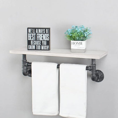 MBQQ Iron Pipe Shelves Industrial Bathroom Shelves with Towel bar,24in Rustic Metal Pipe Floating Shelves Pipe Wall Shelf,1 Tier Industrial Shelf Wall Mounted,Retro White