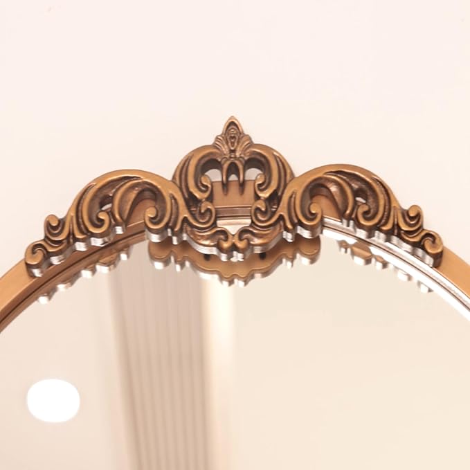 32''x24'' Antique Gold Arched Wall Mirror with Metal Flower Carving Frame, Small Vintage Retro Baroque Mirror Ornate, Vanity Mirror for Bathroom, Fireplace,Entryway, Living Room