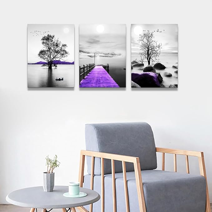 Modern Black And White Canvas Wall Art - Large Size Decor For Living Room And Bedroom - Purple Scenery Artwork Prints - Dormitory Decor