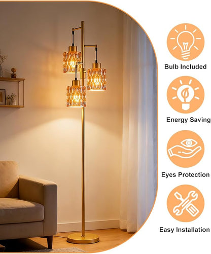 3-Light Modern Glass Floor Lamp, Gold Standing Tall Lamp with Amber Cylinder Glass Shade for Reading, Dimmable LED Floor Lamp with 5Lbs Heavy Base for Living Room Bedroom Home Decor, Bulb Included