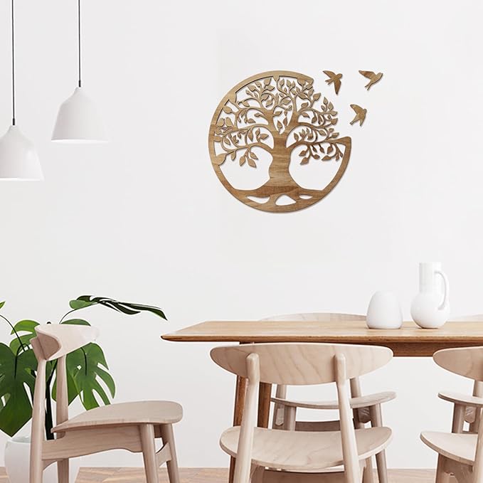 Tree of Life Wall Art Wooden Tree Life Wall Decor with Three Birds 12 Inch Round Family Tree Life Wall Hanging Plaque for Bedroom Living Room Kitchen Office Farmhouse Decor Indoor Outdoor (Round Tree of Life - Wood Color)