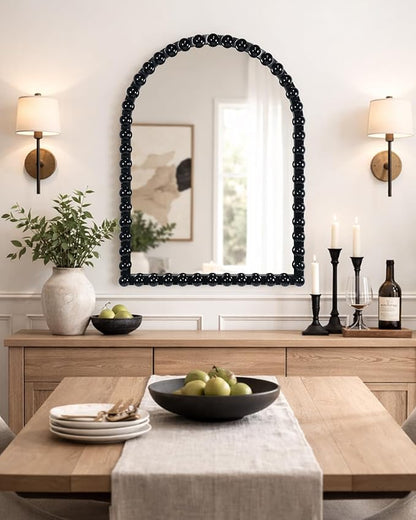 Black Beaded Arched Wall Mirror 22x30 Inch, Vintage Decorative Arch Mirror with Beaded Frame, Accent Mirror for Entryway, Bathroom, Living Room, Bedroom, Fireplace