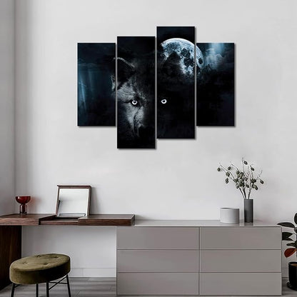 4 Panel Wall Art Black Wolf and Full Moon Painting The Picture Print On Canvas Animal Pictures for Home Decor Decoration Gift Piece (Stretched by Wooden Frame,Ready to Hang)