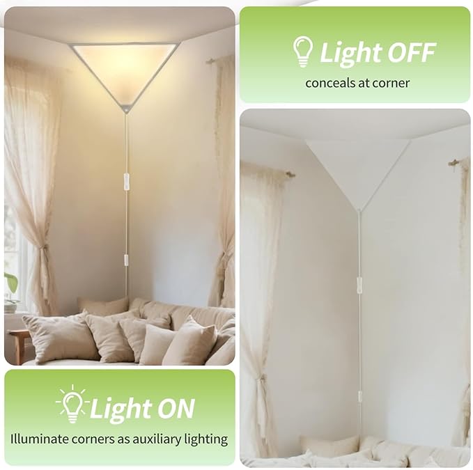 Corner Light with Switch, Ceiling Corner Lights for Living Room, Plug in Ceiling Light for Dark Area, Lamp for Bedroom, Kids Room, Triangle Shape, Linen, Eco-Friendly (2 Pack)