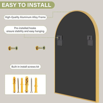 XRAMFY 32"x48" Arched Bathroom Mirror with Aluminum Frame Arched Wall Mounted Vanity Mirror for Entryway, Bedroom, Living Room, Gold
