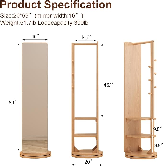 WoodsWhisper Full Length Mirror Coat Rack Solid Wood Floor Mirror 70"x16" Full Length Mirror with Stand Long Mirrors for Bedroom,Living Room (Natural, 70" L x 16" W)