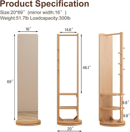 WoodsWhisper Full Length Mirror Coat Rack Solid Wood Floor Mirror 70"x16" Full Length Mirror with Stand Long Mirrors for Bedroom,Living Room (Natural, 70" L x 16" W)