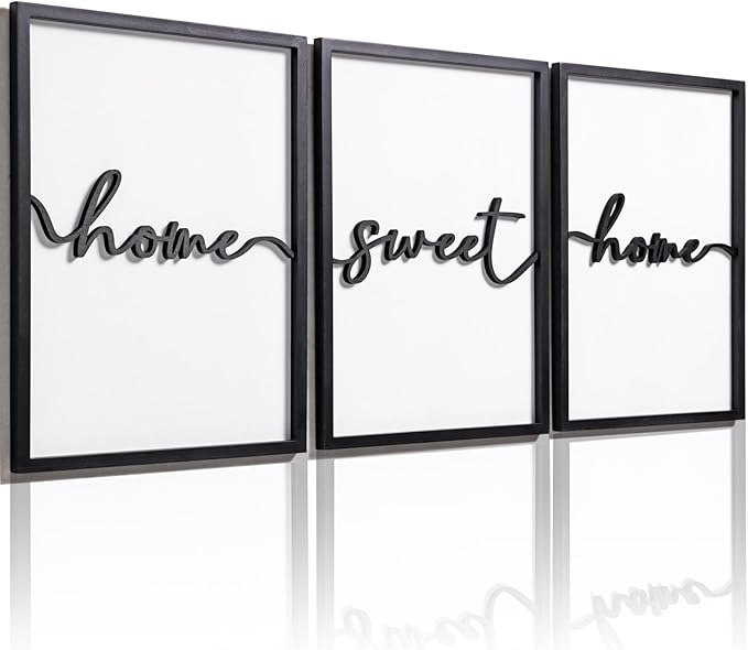 3D Wood Home Sweet Home Wall Art, Modern Home Sweet Home Sign for Large Living Room Wall Decor(Ready to Hang, Set of 3, 12x16 Inch, Framed)