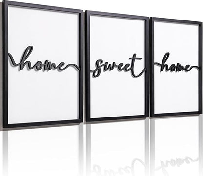 3D Wood Home Sweet Home Wall Art, Modern Home Sweet Home Sign for Large Living Room Wall Decor(Ready to Hang, Set of 3, 12x16 Inch, Framed)