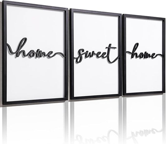 3D Wood Home Sweet Home Wall Art, Modern Home Sweet Home Sign for Large Living Room Wall Decor(Ready to Hang, Set of 3, 12x16 Inch, Framed)