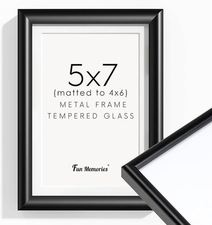 Fun Memories 5x7 Picture Frame, Black Picture Frame 5 x 7, High-End Aluminum Photo Frames 5 by 7, 5x7 Frames with Real Glass and Matted to 4x6, 1 Pack