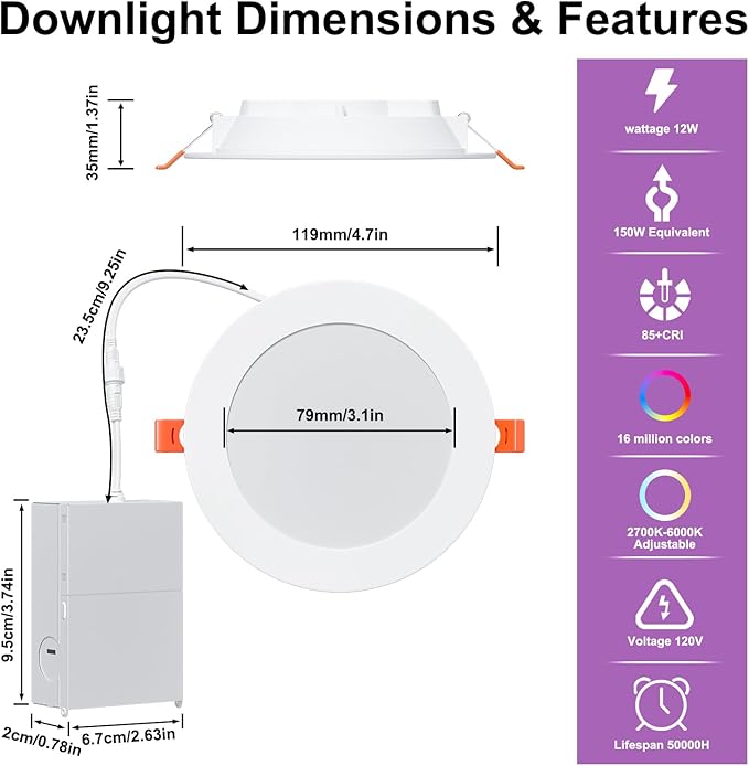 SikSog Smart Recessed Lighting 4 Inch RGBCW Color Changing 12W LED Downlight with Junction Box,1080 Lumen Recessed Ceiling Light Compatible with Alexa,Dimmable by Bluetooth Control -12Pack