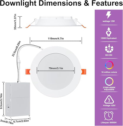 SikSog Smart Recessed Lighting 4 Inch RGBCW Color Changing 12W LED Downlight with Junction Box,1080 Lumen Recessed Ceiling Light Compatible with Alexa,Dimmable by Bluetooth Control -1Pack
