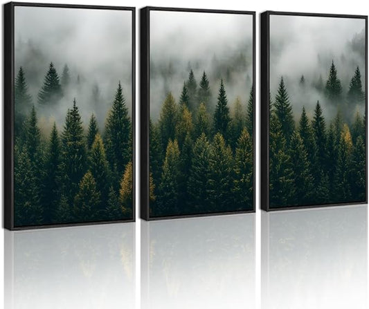 Drsoum Fog Pine Tree Landscape Wall Art Framed Nature Misty Nordic Forests Prints Morden Farmhouse Rustic Artwork Hallway Bathroom Ready to Hang 11x14in Black Framed