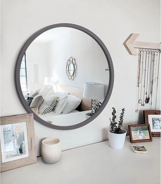 JJUUYOU Circle Wall Mirror 16 Inch Round Wall Mirror for Bathroom Farmhouse Gray Circular Mirrors Washroom Wall Decor Wood Frame Mirrors for Living Room Bedroom Dorm Decorative