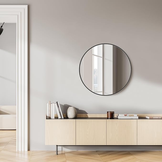 Sweetcrispy 24 Inch Round Wall Mirror with Tempered Glass, Bathroom Mirror Over Sink, Anti-Fog & Waterproof Round Mirror for Bathroom, Entryway, Bedroom, Shatterproof Design, Black
