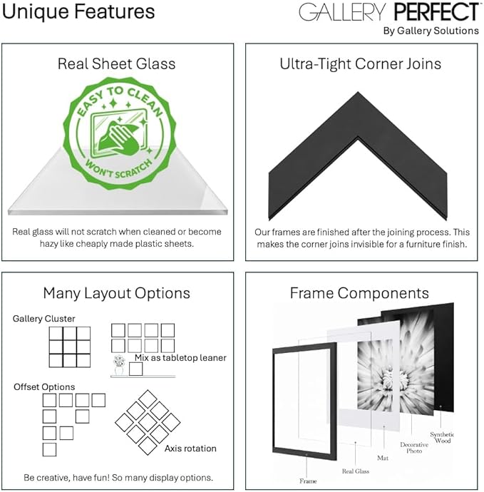 GALLERY PERFECT 12x12 Picture Frames, 9 Piece Set with Real Glass Cover for 8x8 Photos With Mat, Picture Frames Collage Wall Decor for Gallery Wall, Home Decor, Grey
