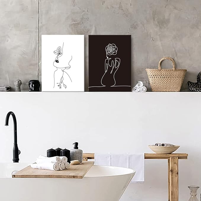 Chadow Artwork Minimalist Line Art Prints Set of 3 Abstract Women Faces Flower Wall Art Black and White Line Drawing Painting Modern Aesthetic Poster for Girls Bedroom Bathroom Living Room Decor