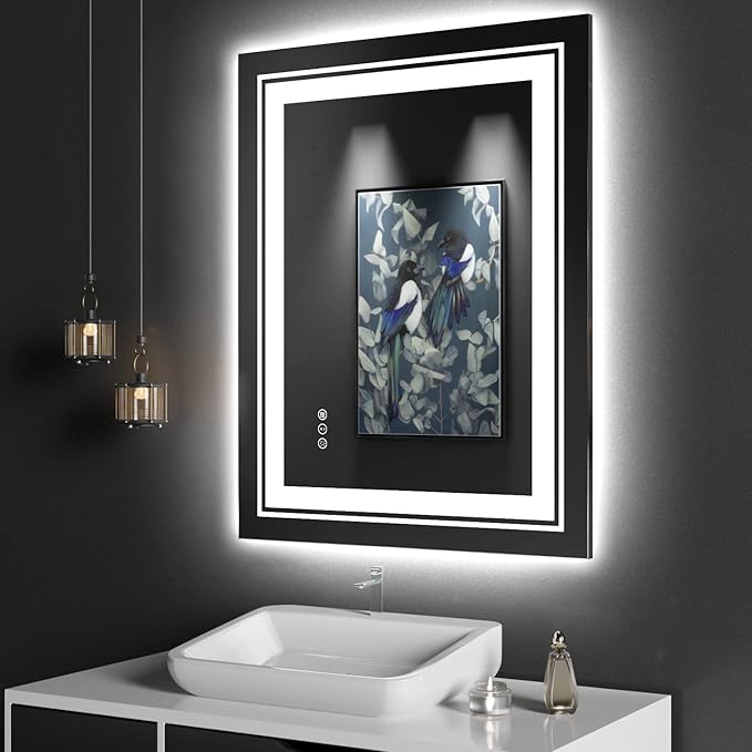 Snowdool LED Bathroom Mirror, 28"x36" with Front and Backlit, Anti-Fog, Bathroom Vanity Mirror for Wall, Memory Function, Stepless Dimmable, Tempered Glass (Horizontal/Vertical)
